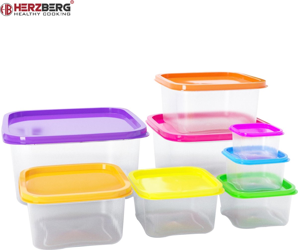 Herzberg: Vrolijke Vershoudbakjes - Meal Prep Bakjes - Lunchbox - Diepvriesbakjes - Vershouddoos - Vershoudbakjes Set - Plastic Bakjes - Voedselcontainer - Magnetron Bakjes Met Deksel - 8 Stuks - BPA vrij