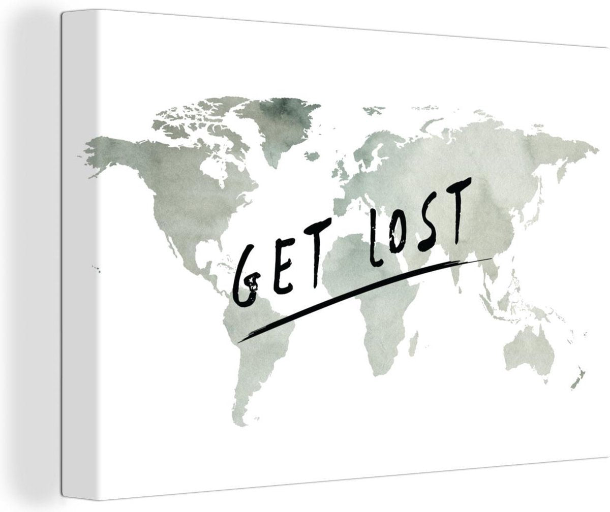Canvas Schilderijen - Wereldkaart - Quote - Grijs - 60x40 cm - Wanddecoratie