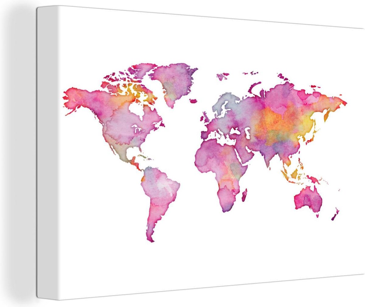 Canvas Schilderijen - Wereldkaart - Waterverf - Roze - 180x120 cm - Wanddecoratie XXL