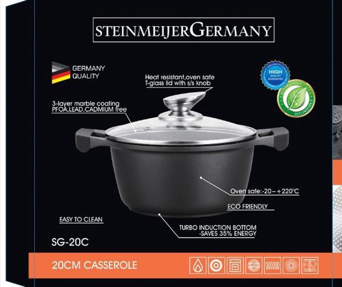 Marble soep/braadpan - Met glazen afdekplaat zwart- voor inductie - 20 CM 2L