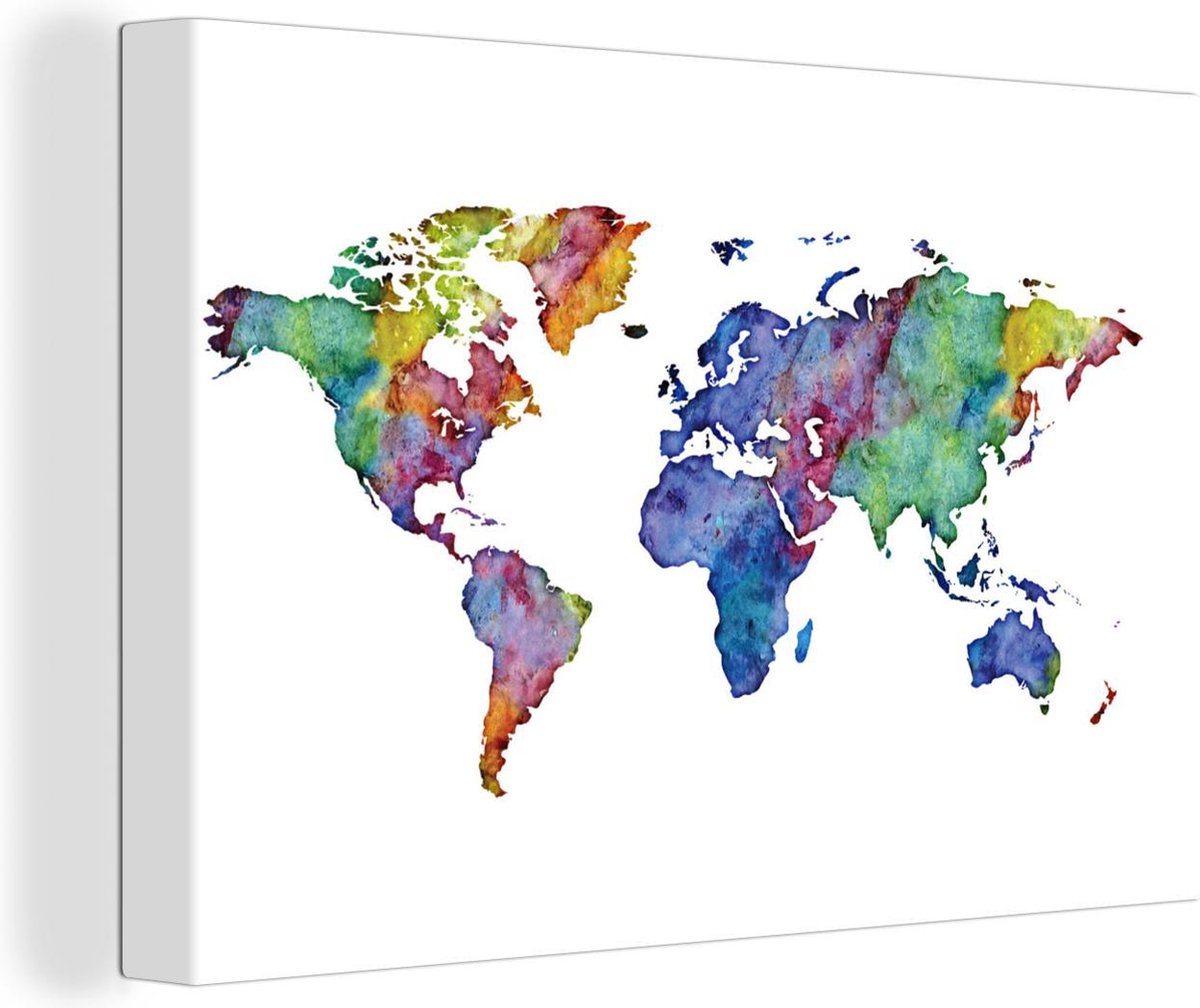 Canvas Schilderijen - Wereldkaart - Waterverf - Regenboog - 30x20 cm - Wanddecoratie