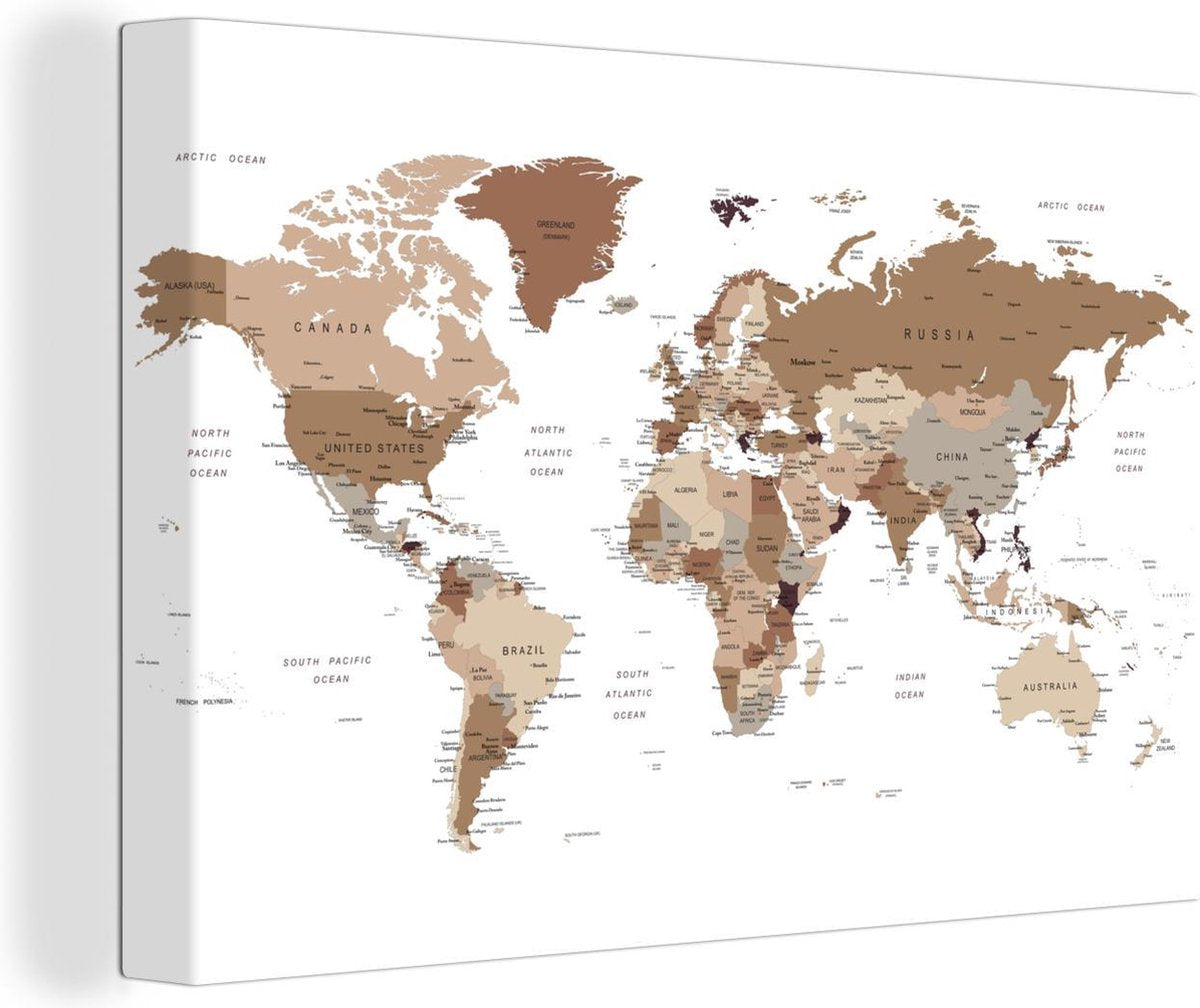 Canvas Schilderijen - Wereldkaart - Simpel - Bruin - 150x100 cm - Wanddecoratie