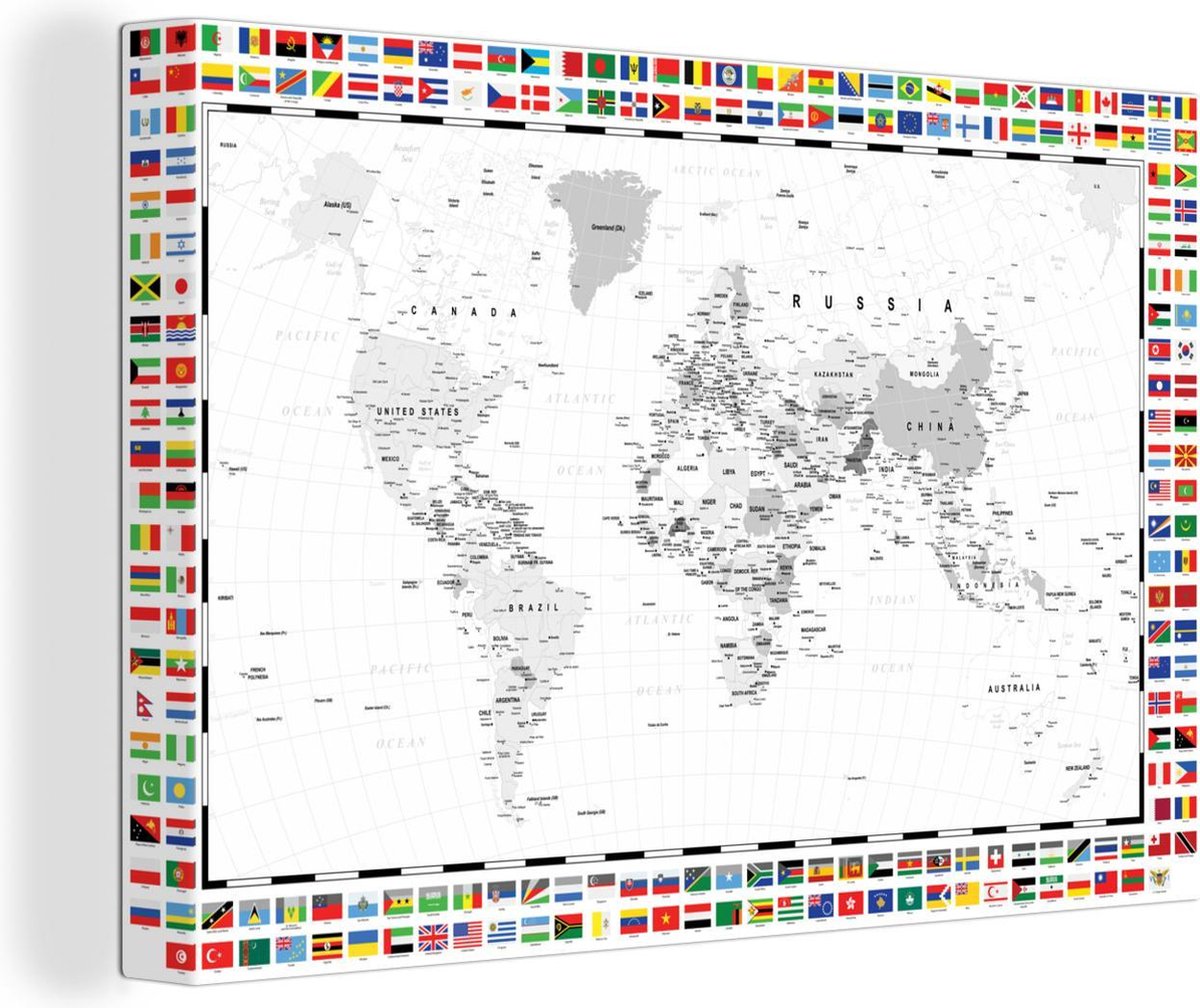 Canvas Schilderijen - Wereldkaart - Zwart - Wit - Vlag - 180x120 cm - Wanddecoratie XXL