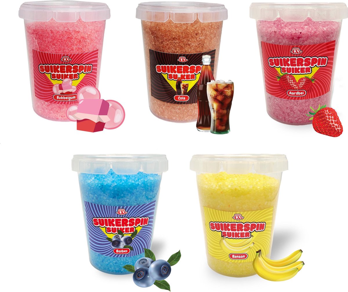 Suikerspin Suiker - Bubbelgum - Cola - Aardbei - Bosbes - Banaan - 5 potten x 400 gram