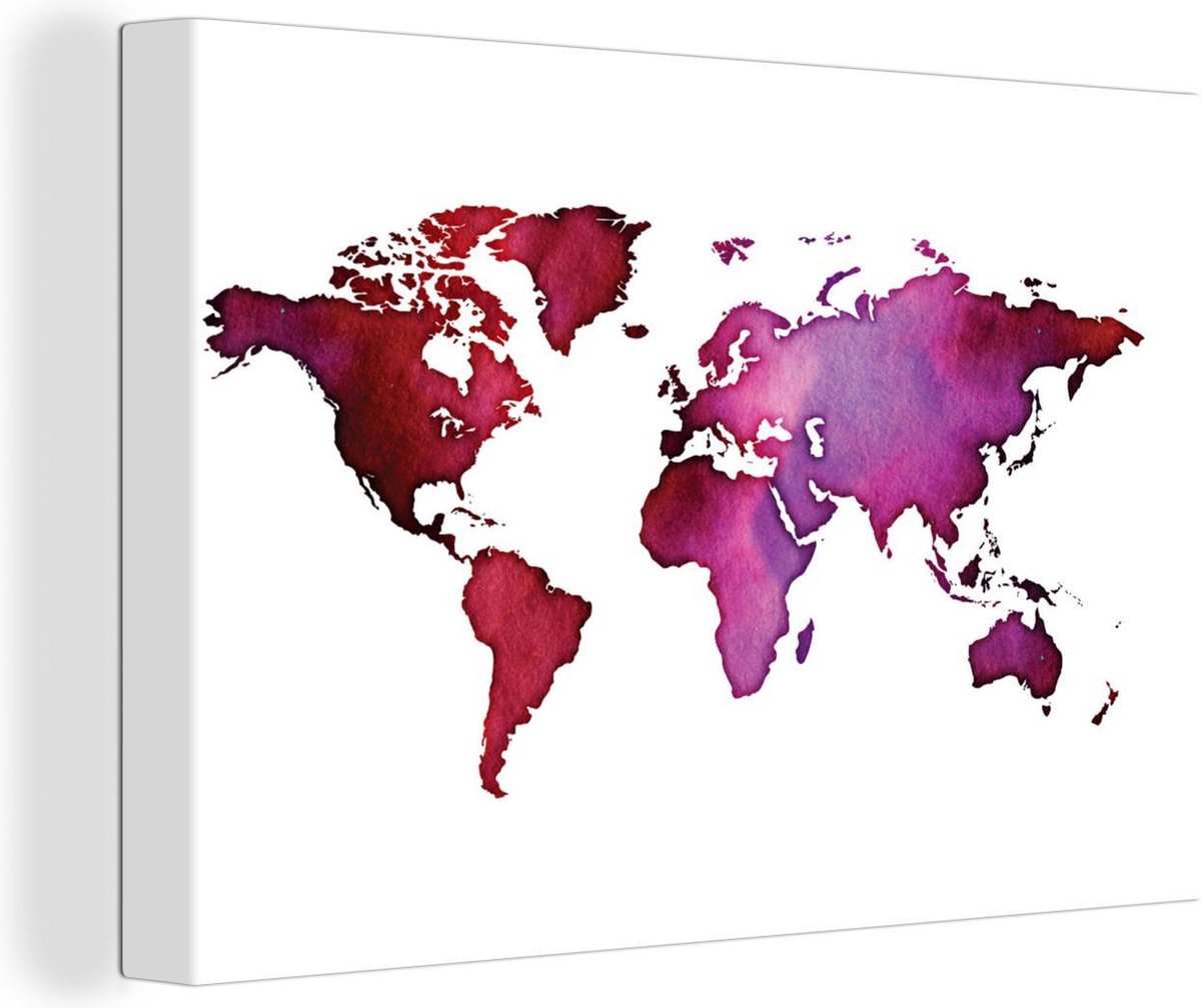 Canvas Schilderijen - Wereldkaart - Waterverf - Rode - 60x40 cm - Wanddecoratie