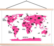 Wereldkaart Kinderen - Roze - Dieren - 90x60 cm - Schoolplaat