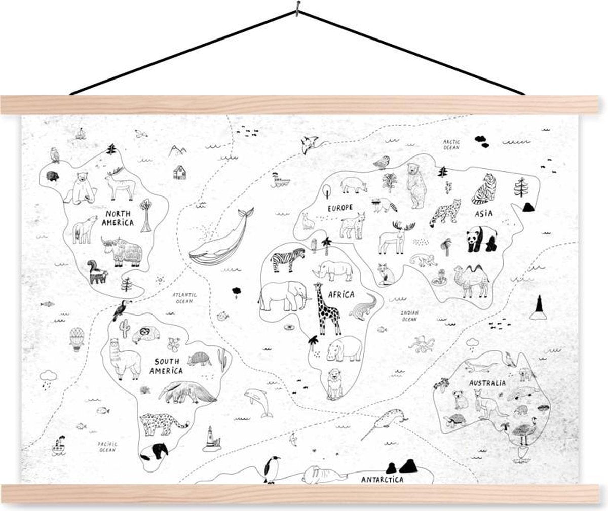 Schoolplaat - Wereldkaart - Kinderen - Wit - Zwart - 60x40 cm - Blanke latten