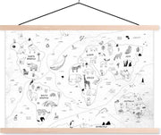 Schoolplaat - Wereldkaart - Kinderen - Wit - Zwart - 60x40 cm - Blanke latten