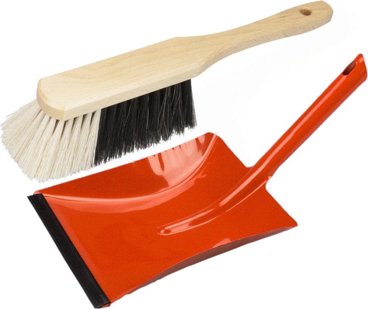 Stoffer en blik rood van metaal/hout met lip voor binnen - Zachte borstel/handveger