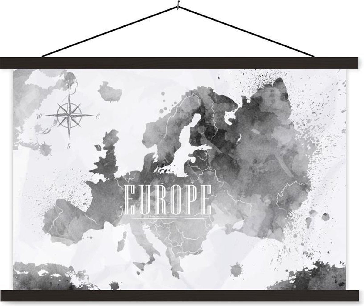 Schoolplaat - Waterverf - Wereldkaart - Zwart - 150x100 cm - Zwarte latten