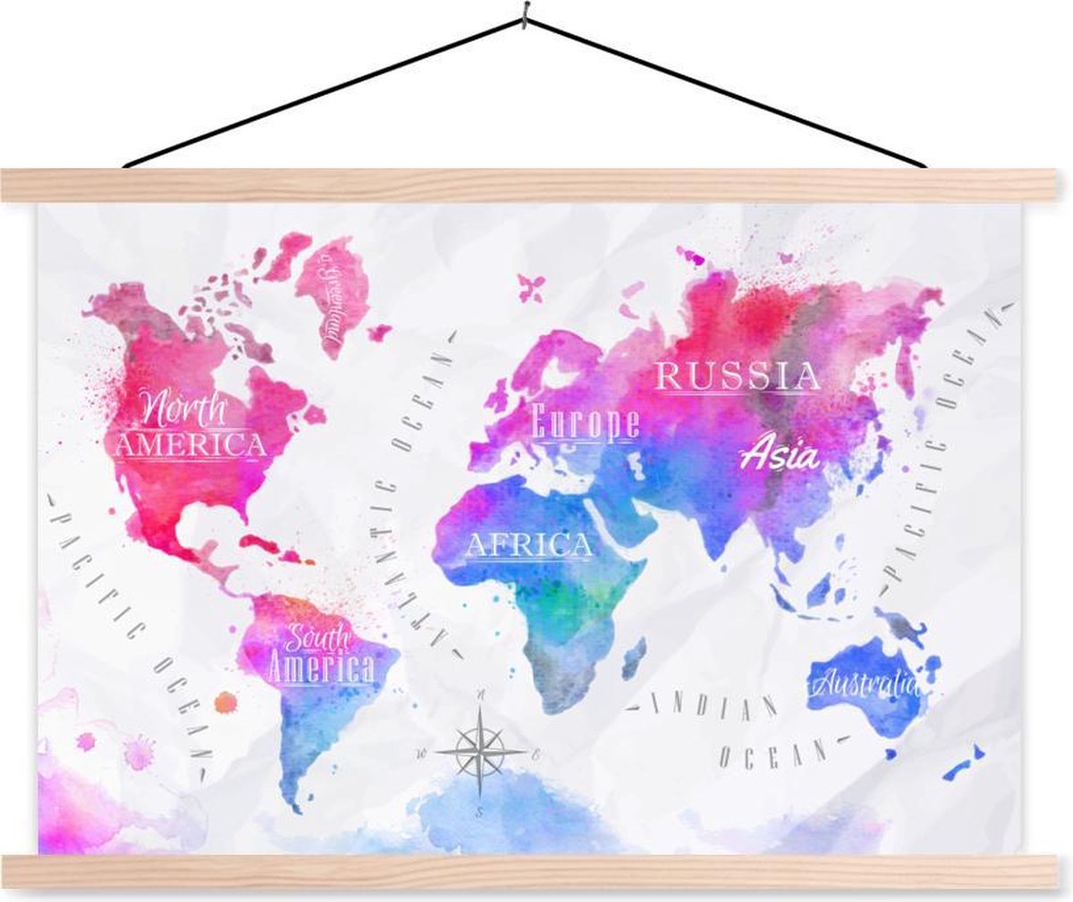 Schoolplaat - Kleuren - Wereldkaart - Olieverf - 150x100 cm - Blanke latten