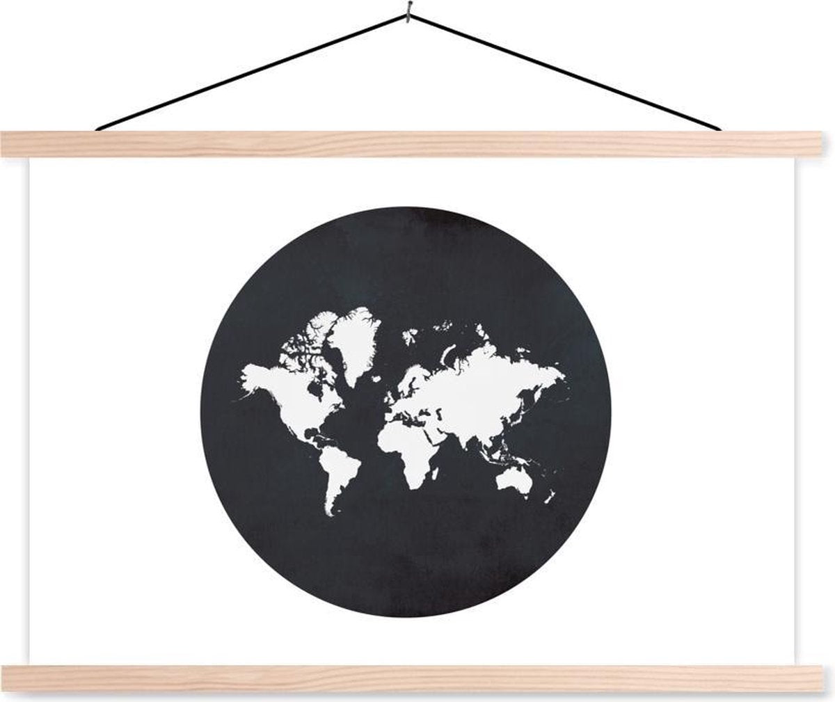 Schoolplaat - Wereldkaart - Zwart Wit - Cirkel - 120x80 cm - Blanke latten