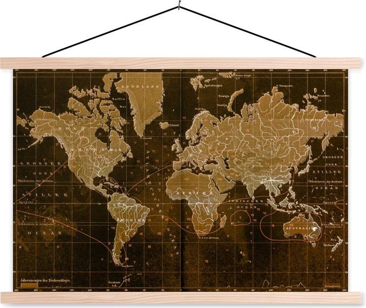 Klassieke wereldkaart in het bruin textielposter latten blank