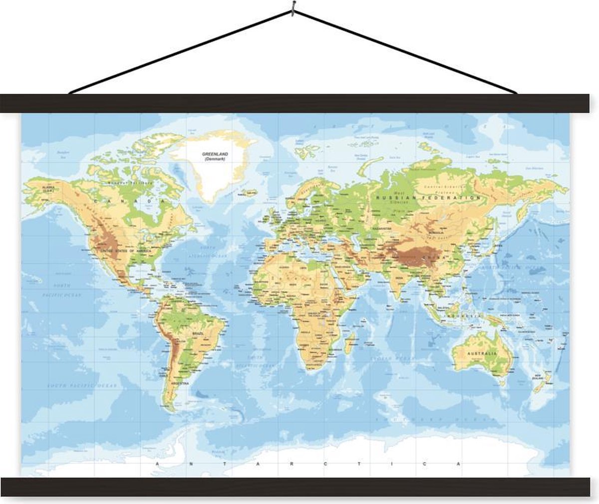 Schoolplaat - Wereldkaart - Aardrijkskunde - Atlas - 60x40 cm - Zwarte latten