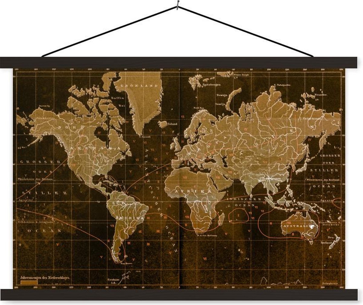 Klassieke wereldkaart in het bruin textielposter latten zwart