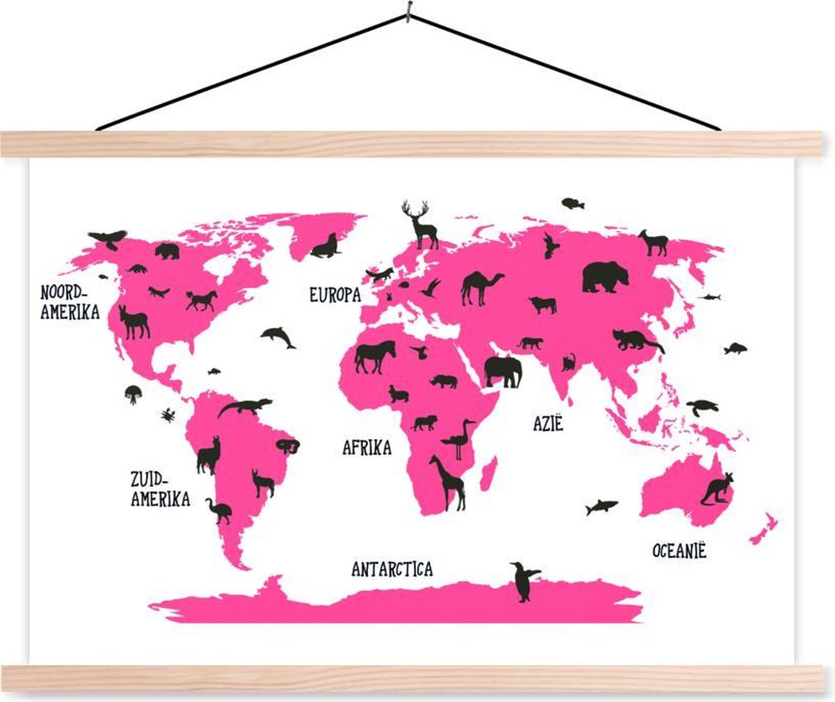 Wereldkaart Kinderen - Roze - Dieren - 60x40 cm - Schoolplaat