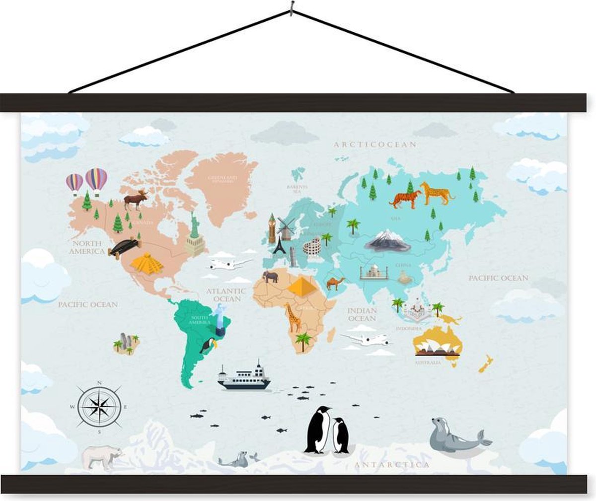 Wereldkaart Kinderen - Symbolen - Kompas - 120x80 cm - Schoolplaat