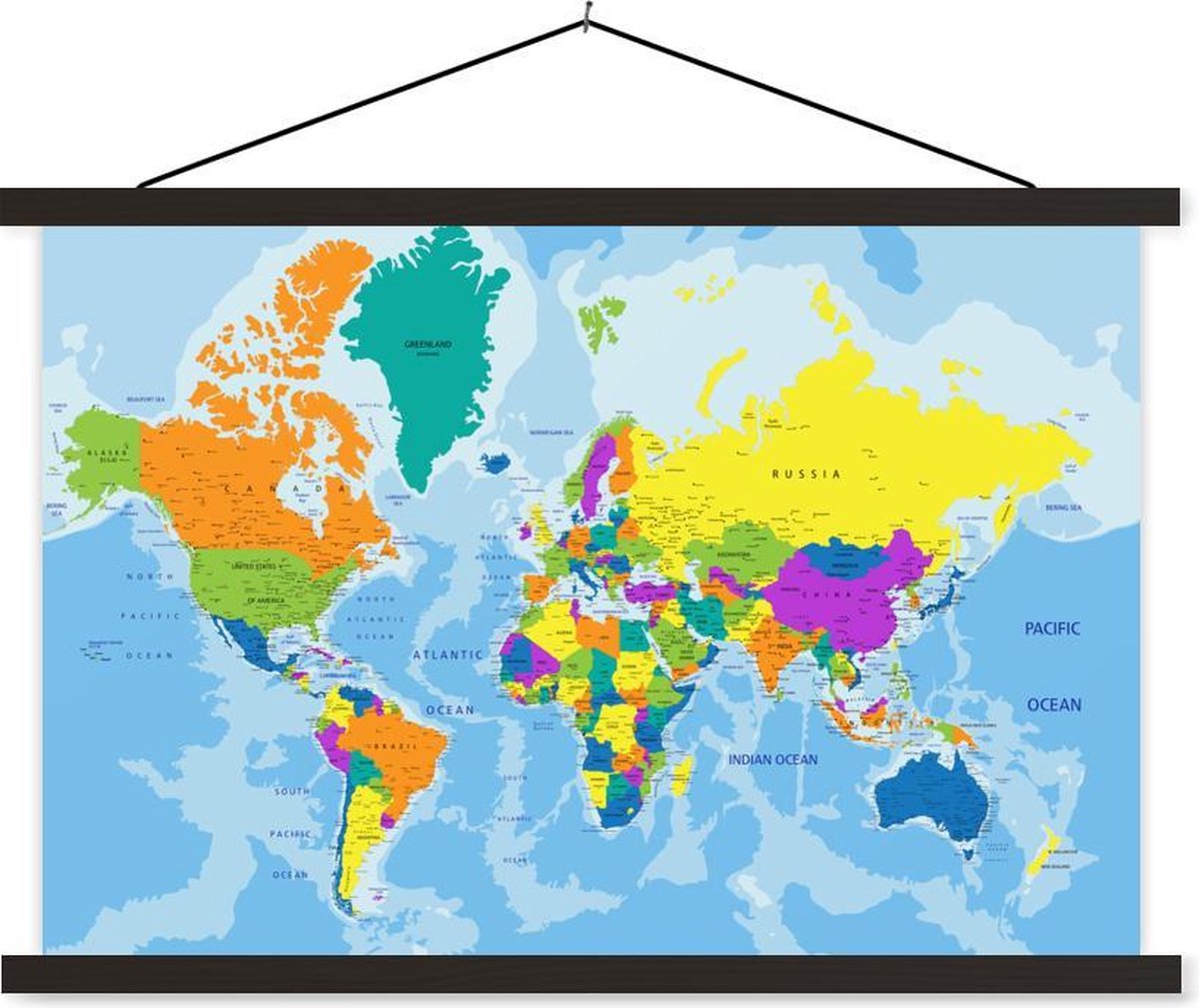 Wereldkaart - Kleuren - Letters schoolplaat platte latten zwart
