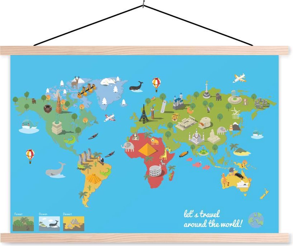 Wereldkaart Kinderen - Modern - Symbolen - 120x80 cm - Schoolplaat