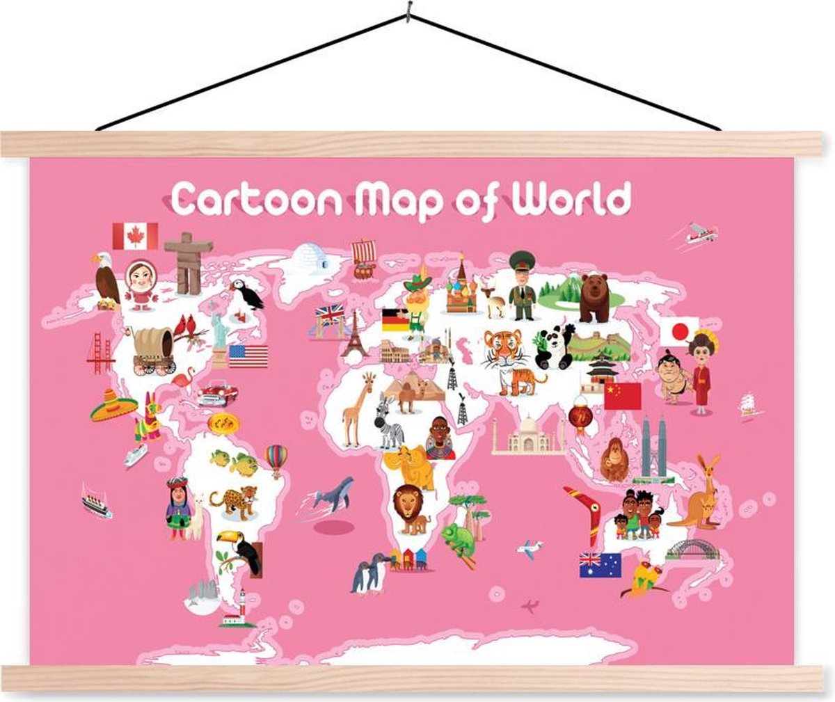 Wereldkaart Kinderen - Roze - Symbolen - 150x100 cm - Schoolplaat