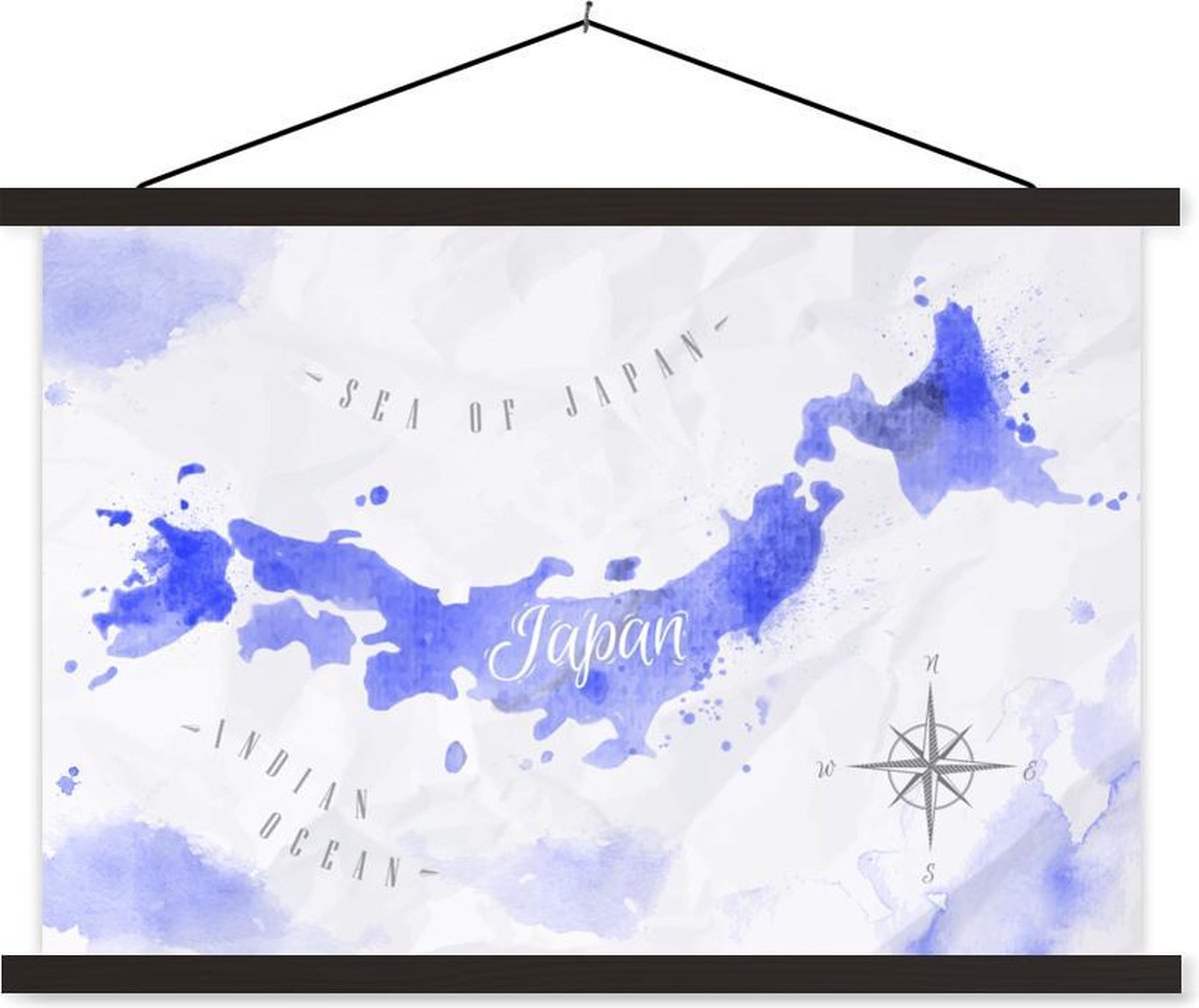 Schoolplaat - Waterverf - Wereldkaart - Blauw - 150x100 cm - Zwarte latten
