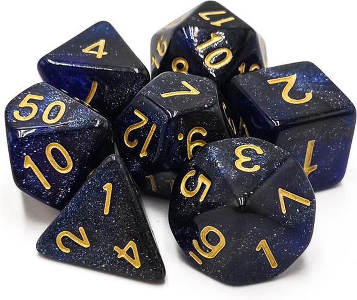Polydice set - Polyhedral dobbelstenen set 8 delig | Set van 7 in velours bewaarzakje / bag / pouch| dungeons and dragons dnd dice | D&D Pathfinder RPG | Donkerblauw galaxy