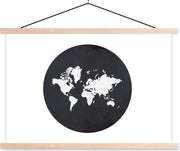Schoolplaat - Wereldkaart - Zwart Wit - Cirkel - 60x40 cm - Blanke latten