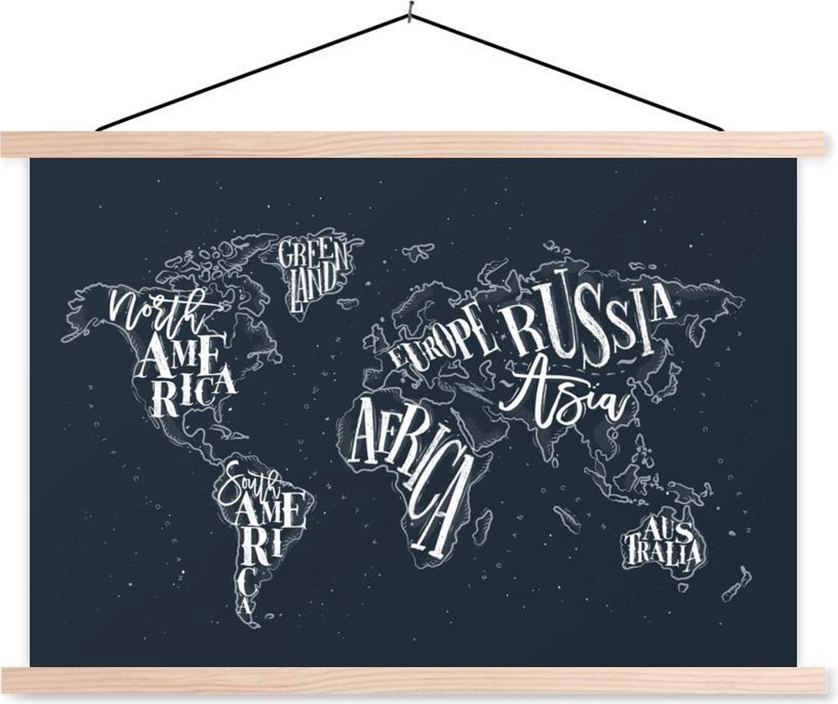 Schoolplaat - Wereldkaart - Zwart - Wit - Letters - 60x40 cm - Blanke latten