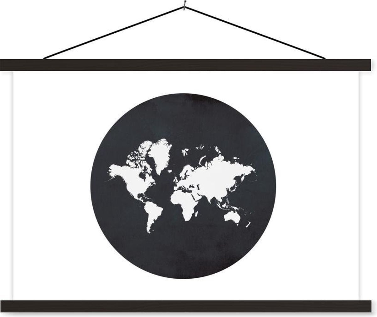 Schoolplaat - Wereldkaart - Zwart Wit - Cirkel - 120x80 cm - Zwarte latten