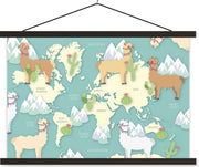 Schoolplaat - Wereldkaart - Alpaca - Bergen - 120x80 cm - Zwarte latten