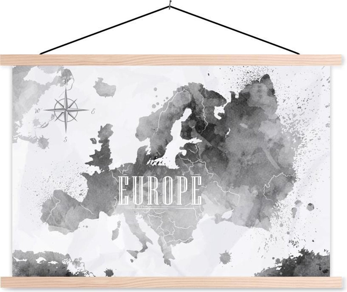 Schoolplaat - Waterverf - Wereldkaart - Zwart - 120x80 cm - Blanke latten