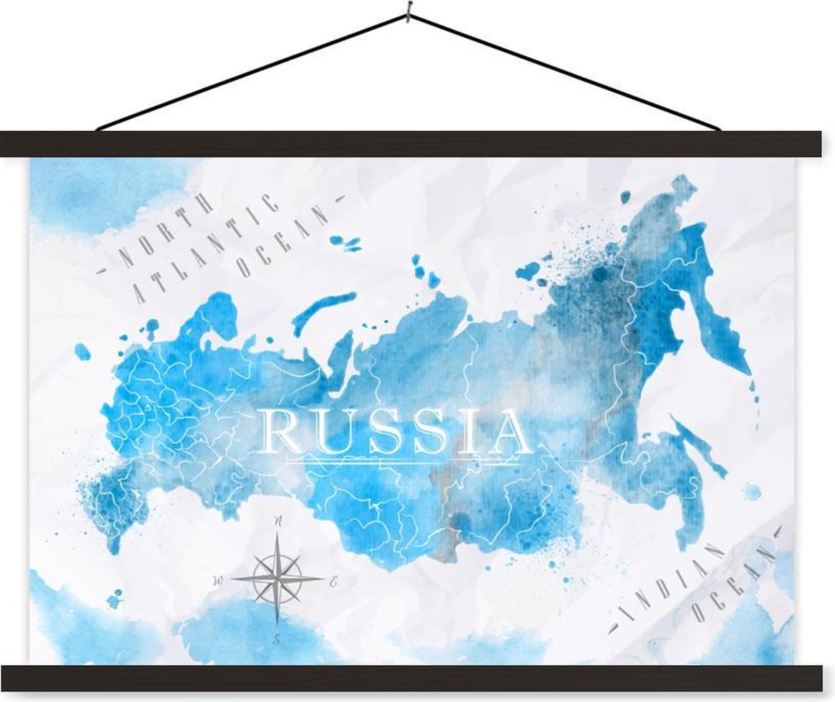 Schoolplaat - Wereldkaarten - Rusland - Blauw - 60x40 cm - Zwarte latten