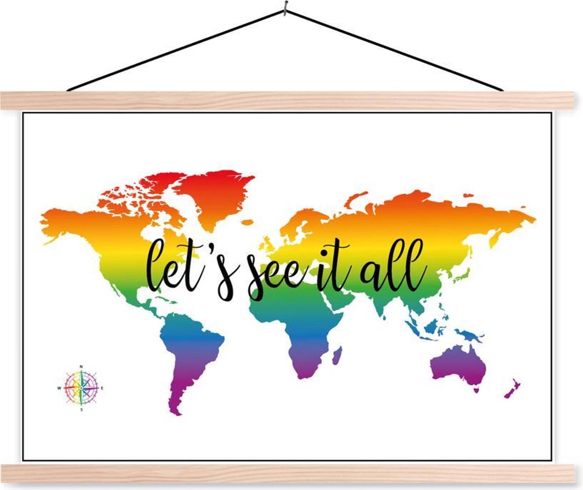 Schoolplaat - Wereldkaart - Regenboog - Kompas - 150x100 cm - Blanke latten