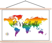 Schoolplaat - Wereldkaart - Regenboog - Kompas - 150x100 cm - Blanke latten