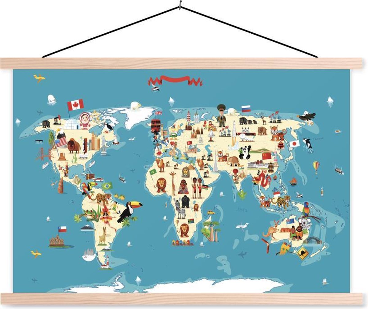 Wereldkaart Kinderen - Aarde - Symbolen - 90x60 cm - Schoolplaat