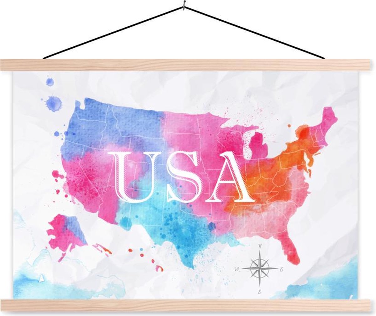 Schoolplaat - Amerika - Wereldkaart - Waterverf - 120x80 cm - Blanke latten
