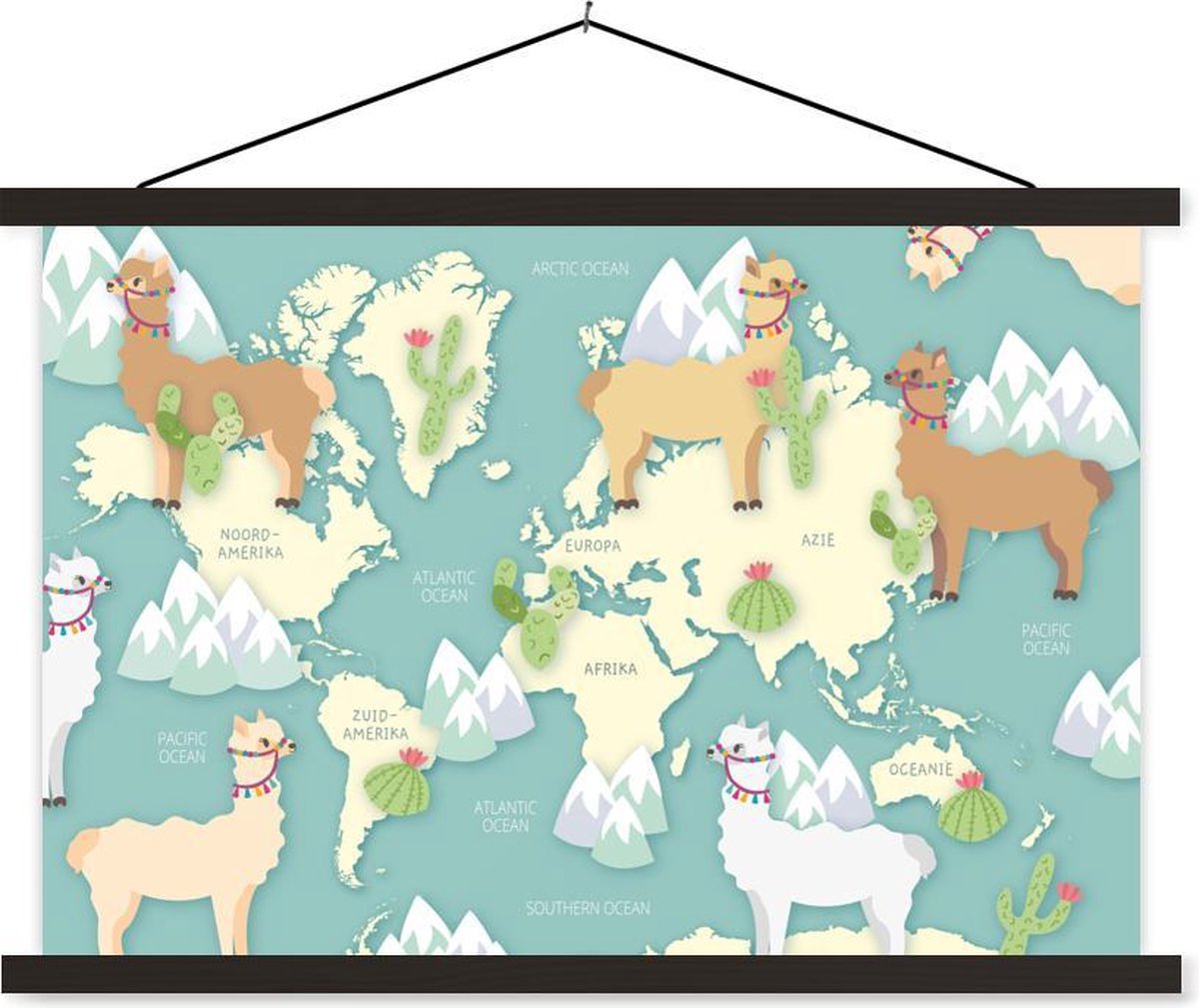 Schoolplaat - Wereldkaart - Alpaca - Bergen - 60x40 cm - Zwarte latten