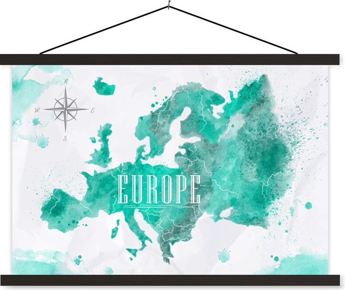 Schoolplaat - Waterverf - Wereldkaart - Europa - 60x40 cm - Zwarte latten