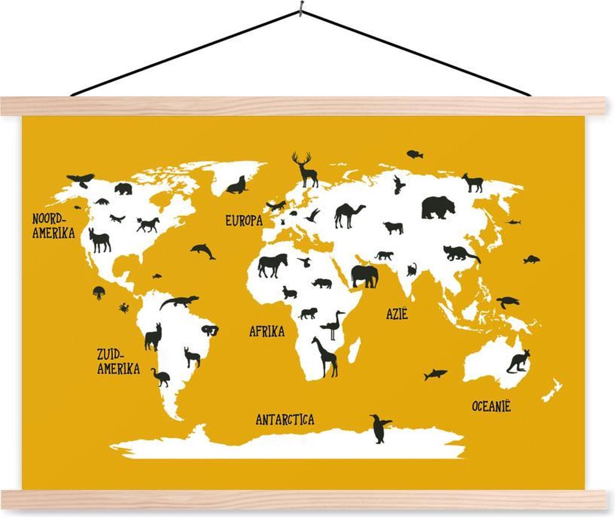 Wereldkaart Kinderen - Dieren - Geel - 60x40 cm - Schoolplaat