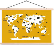 Wereldkaart Kinderen - Dieren - Geel - 60x40 cm - Schoolplaat