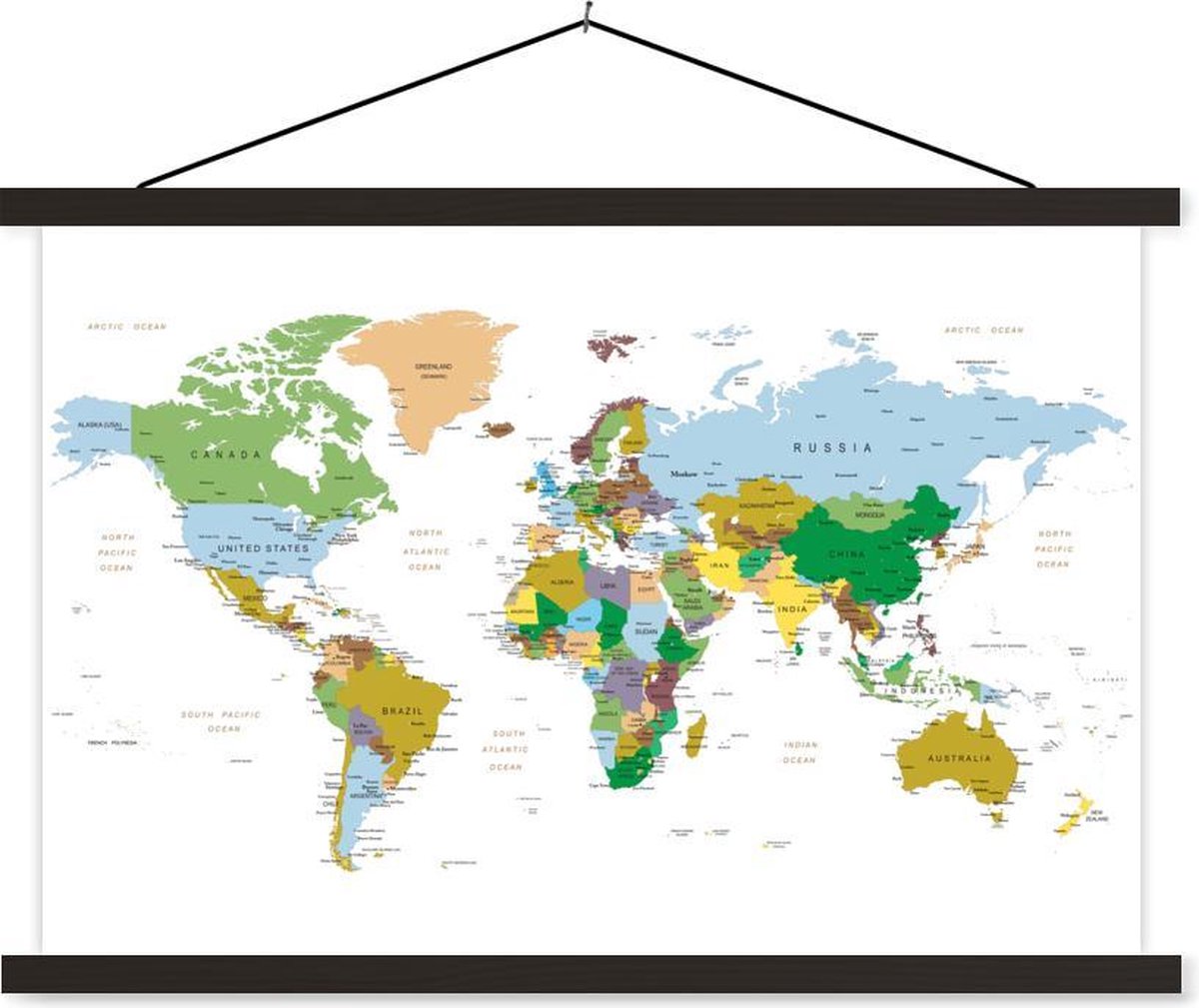Schoolplaat - Wereldkaart - Aarde - Kleuren - 120x80 cm - Zwarte latten