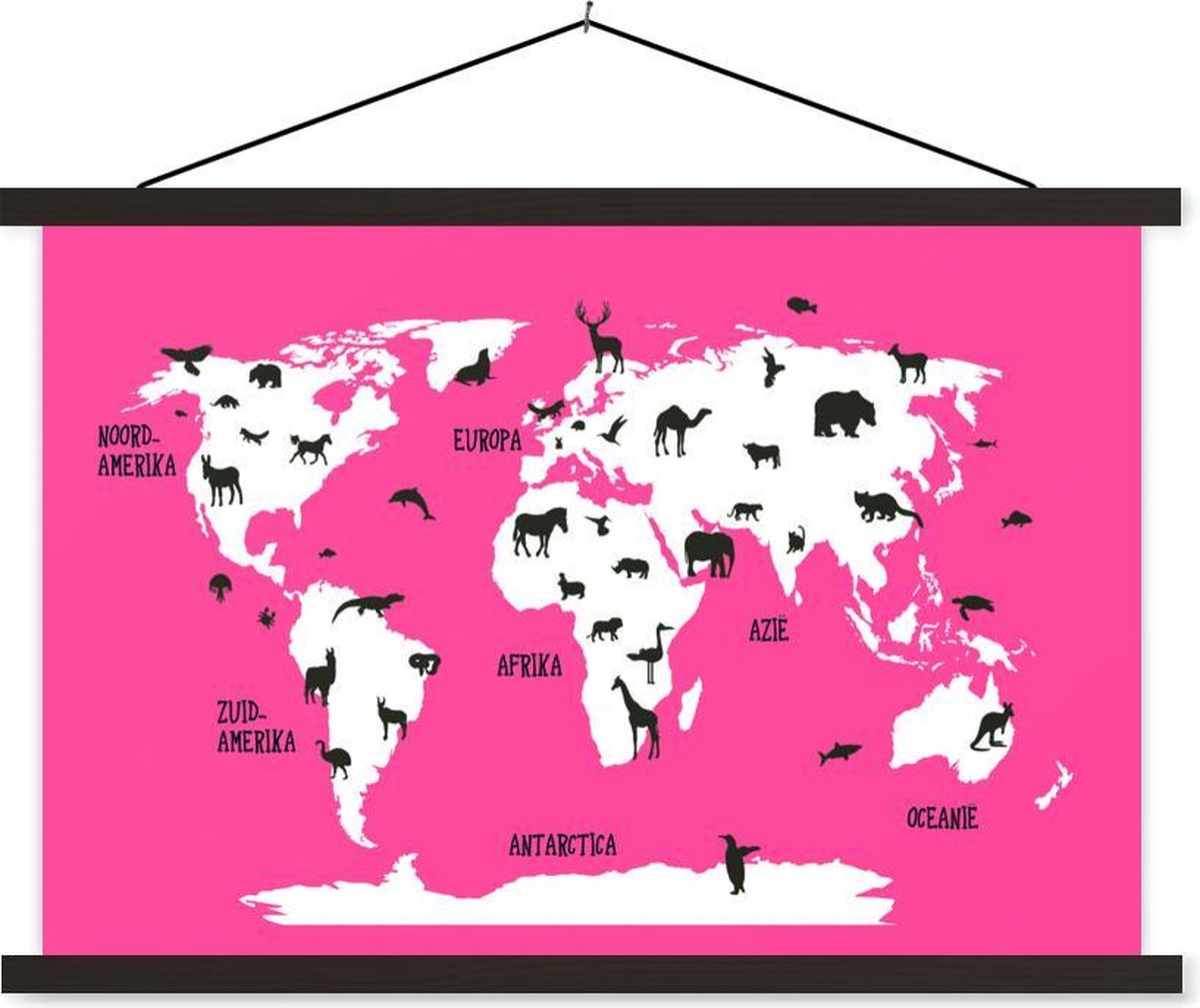 Wereldkaart Kinderen - Dieren - Roze - 90x60 cm - Schoolplaat