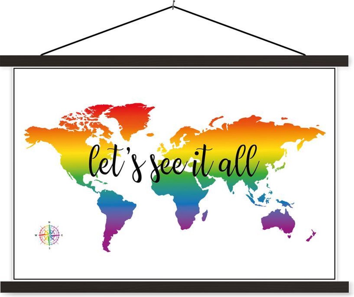 Schoolplaat - Wereldkaart - Regenboog - Kompas - 60x40 cm - Zwarte latten