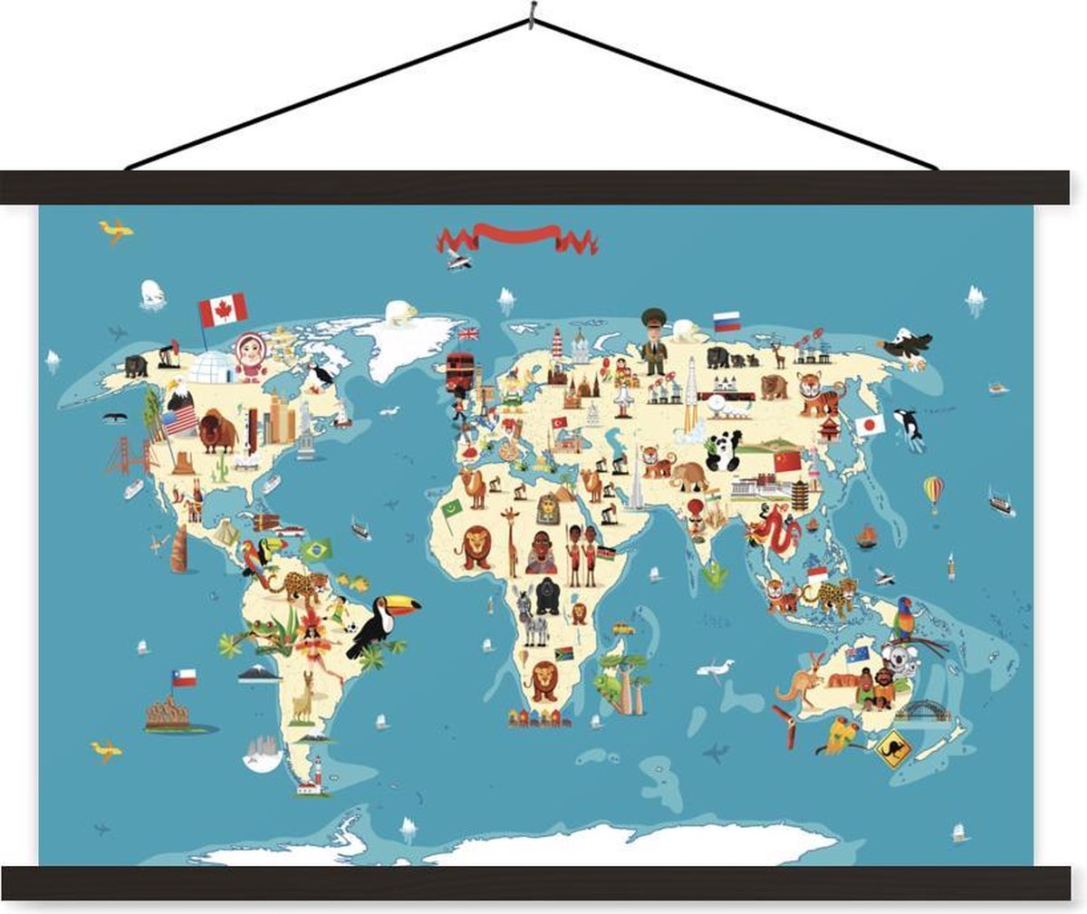 Wereldkaart Kinderen - Aarde - Symbolen - 150x100 cm - Schoolplaat