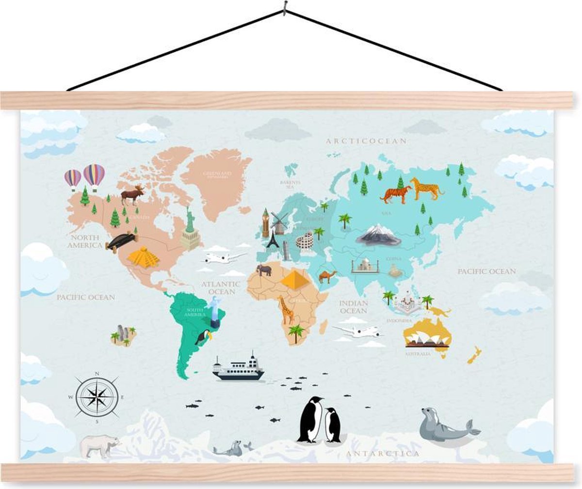 Wereldkaart Kinderen - Symbolen - Kompas - 90x60 cm - Schoolplaat