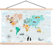 Wereldkaart Kinderen - Symbolen - Kompas - 90x60 cm - Schoolplaat