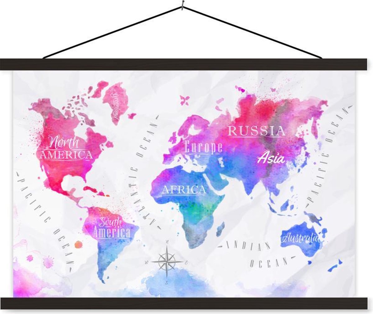 Schoolplaat - Kleuren - Wereldkaart - Olieverf - 150x100 cm - Zwarte latten