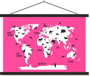 Wereldkaart Kinderen - Dieren - Roze - 60x40 cm - Schoolplaat