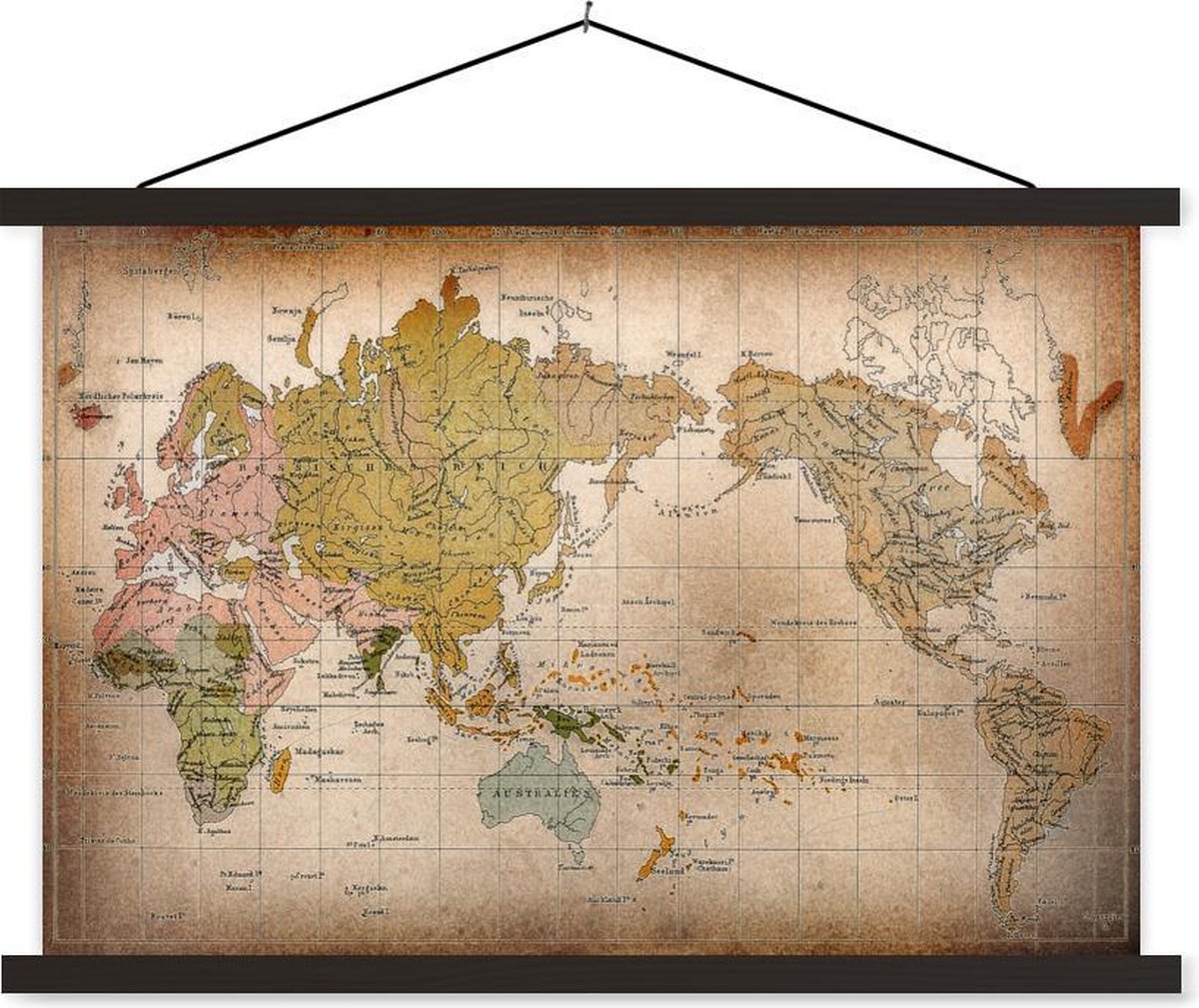 Klassieke wereldkaart de verspreiding van mensenrassen textielposter latten zwart