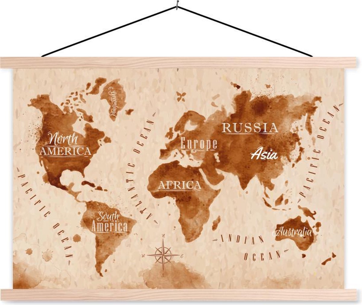 Schoolplaat - Wereldkaart - Verf - Bruin - Vintage - 90x60 cm